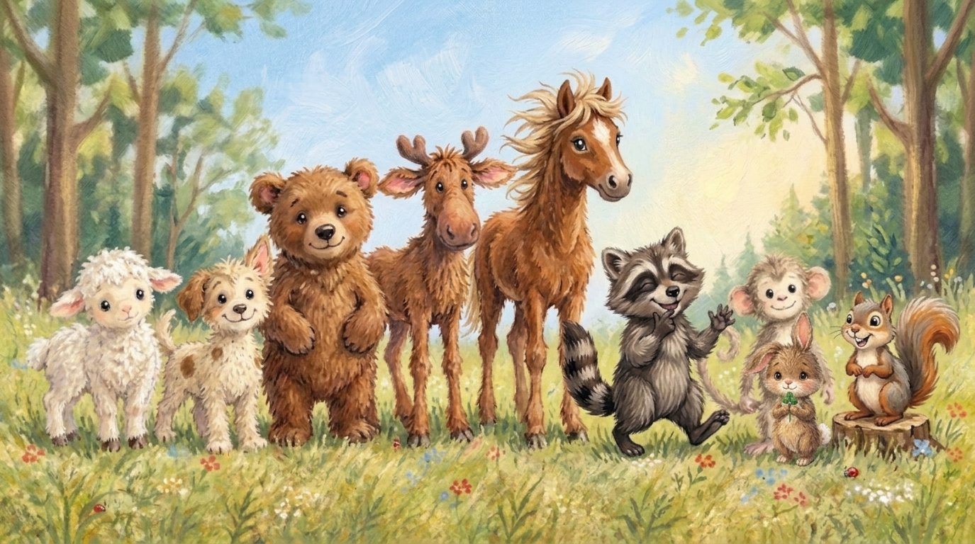 The Wanderful Woods friends standing together in a sunny meadow: a lamb, a puppy, a bear cub, a moose, a horse, a raccoon, a monkey, a bunny, and a squirrel